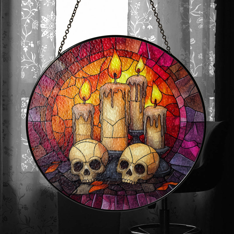 Halloween Stained Glass Suncatcher Collection | Decorative Window Hanging | 2 Sizes | Holiday Decor Accents | Candles and Skulls