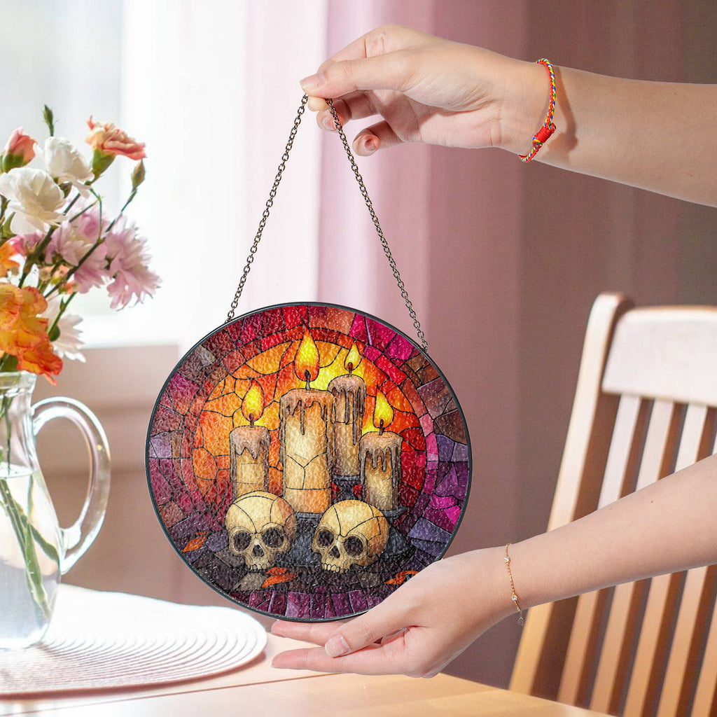 Halloween Stained Glass Suncatcher Collection | Decorative Window Hanging | Multiple Sizes | Holiday Decor Accents | Candles and Skulls