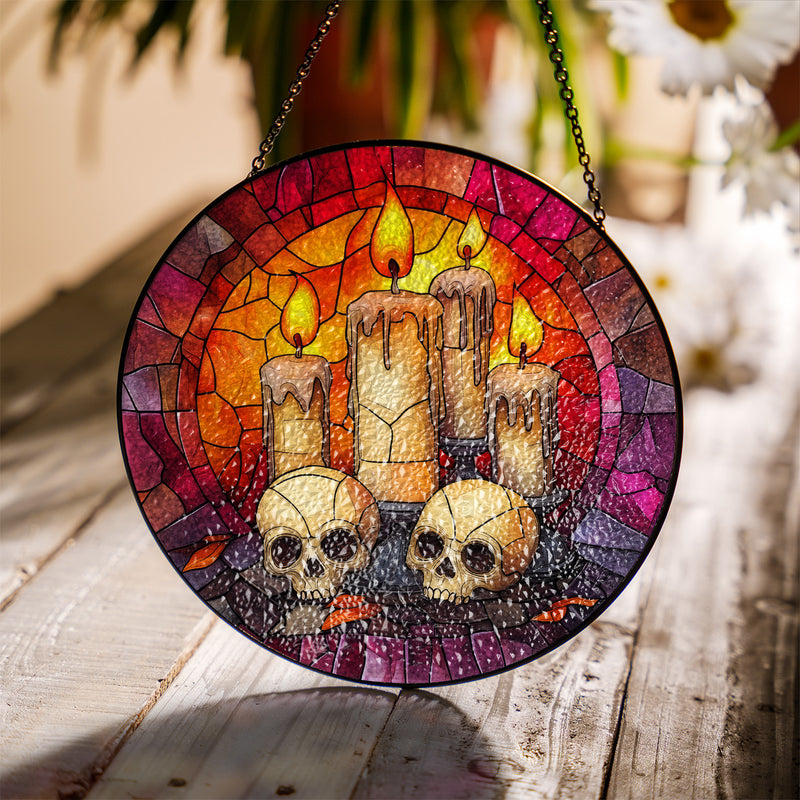 Halloween Stained Glass Suncatcher Collection | Decorative Window Hanging | 2 Sizes | Holiday Decor Accents | Candles and Skulls