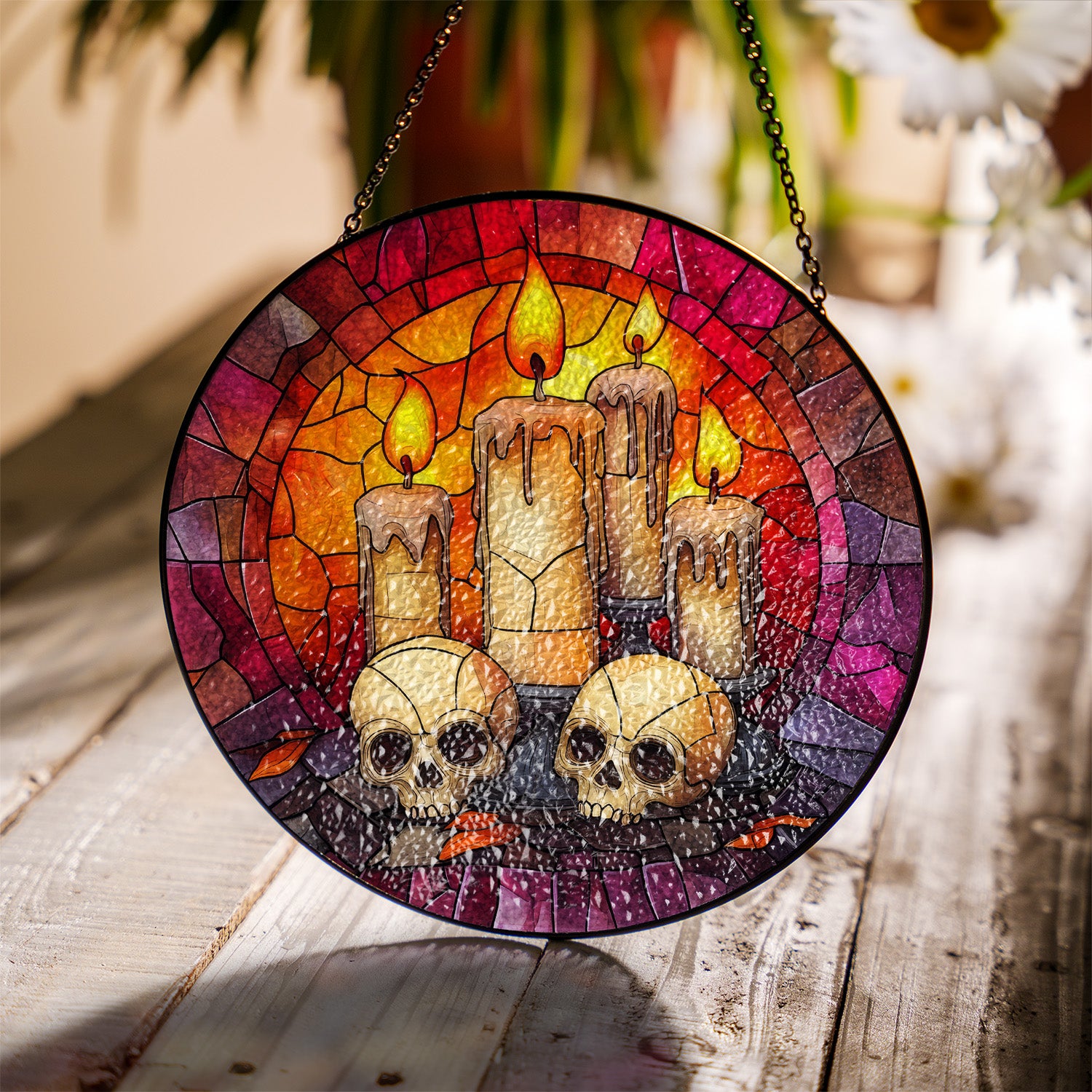 Halloween Stained Glass Suncatcher Collection | Decorative Window Hanging | Multiple Sizes | Holiday Decor Accents | Candles and Skulls