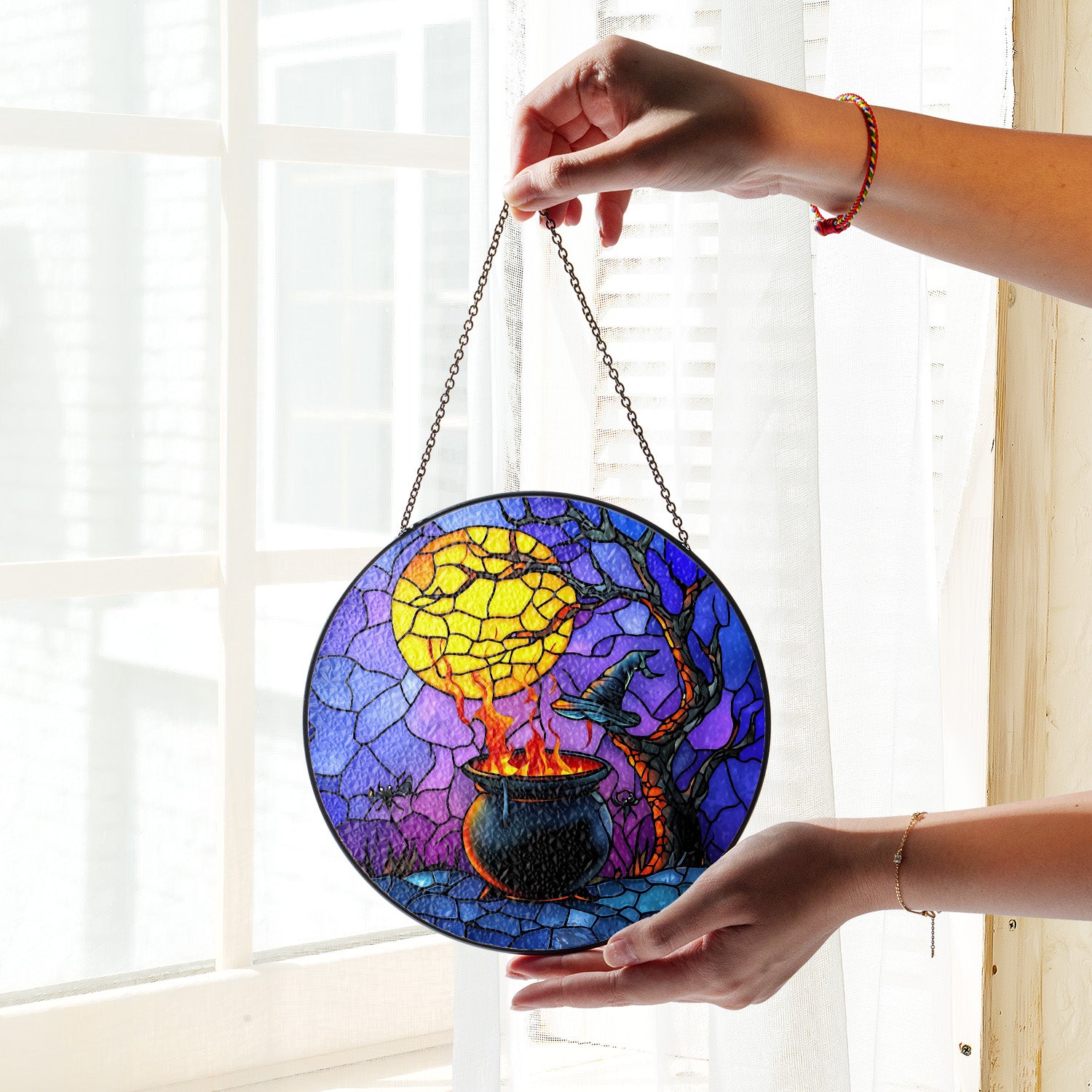 Halloween Stained Glass Suncatcher Collection | Decorative Window Hanging | Multiple Sizes | Holiday Decor Accents | Potion in a Cauldron