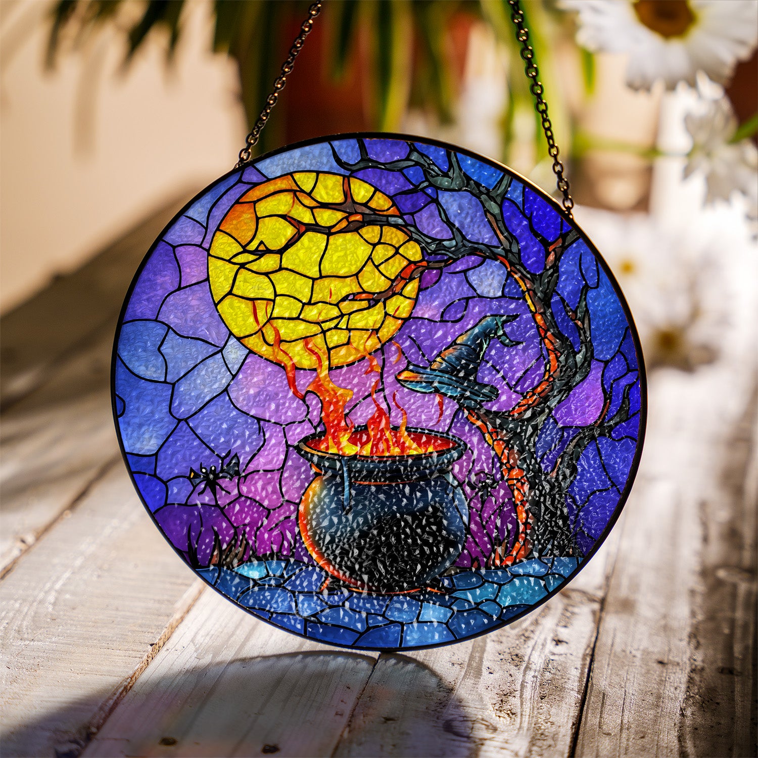 Halloween Stained Glass Suncatcher Collection | Decorative Window Hanging | Multiple Sizes | Holiday Decor Accents | Potion in a Cauldron