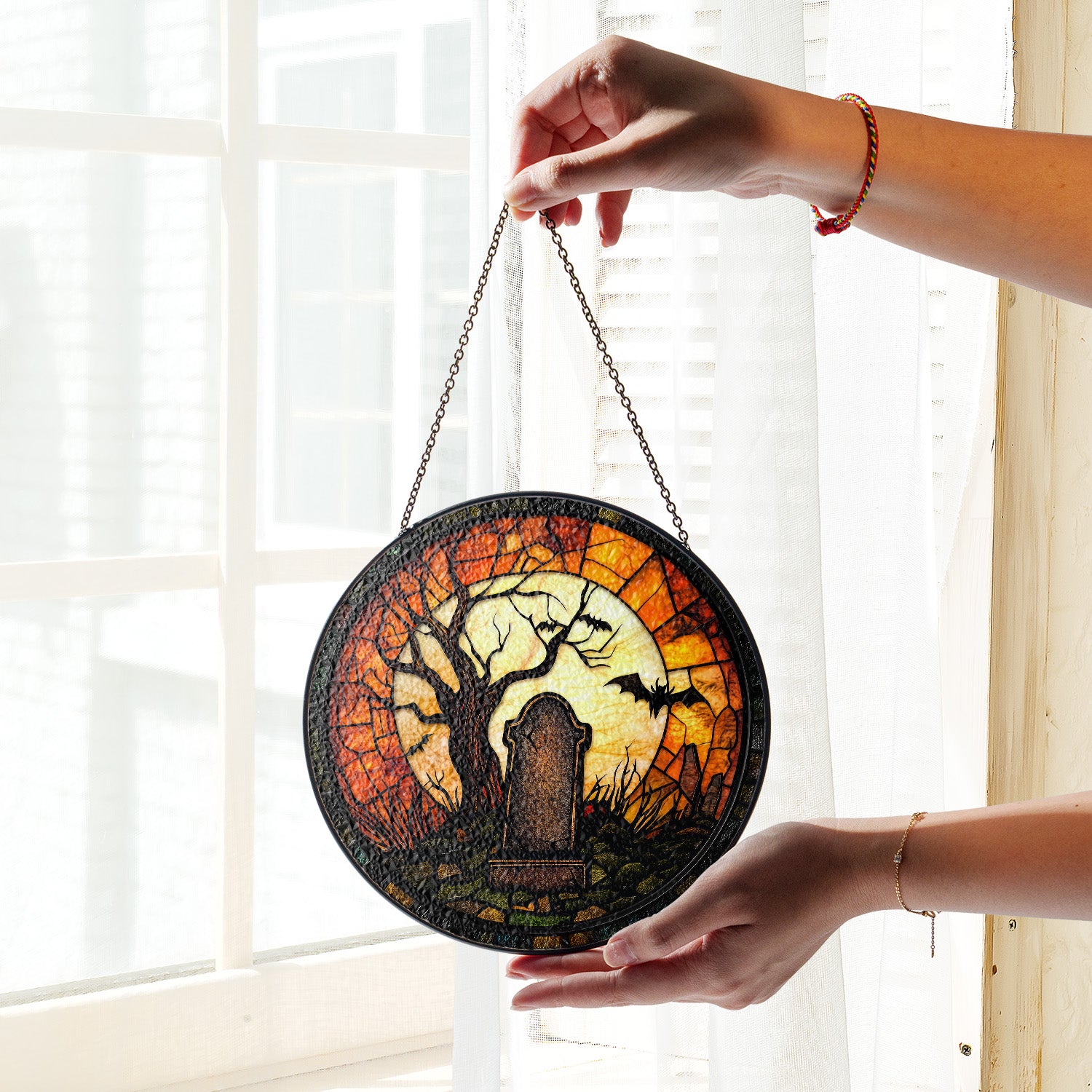 Halloween Stained Glass Suncatcher Collection | Decorative Window Hanging | Multiple Sizes | Holiday Decor Accents | Night at Cemetery