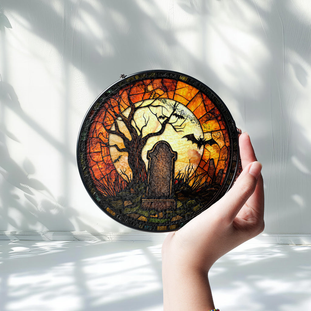 Halloween Stained Glass Suncatcher Collection | Decorative Window Hanging | Multiple Sizes | Holiday Decor Accents | Night at Cemetery