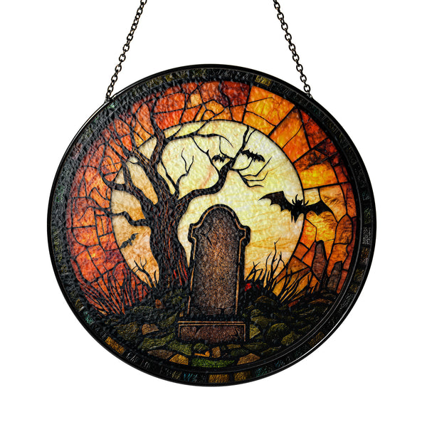 Halloween Stained Glass Suncatcher Collection | Decorative Window Hanging | 2 Sizes | Holiday Decor Accents | Night at Cemetery