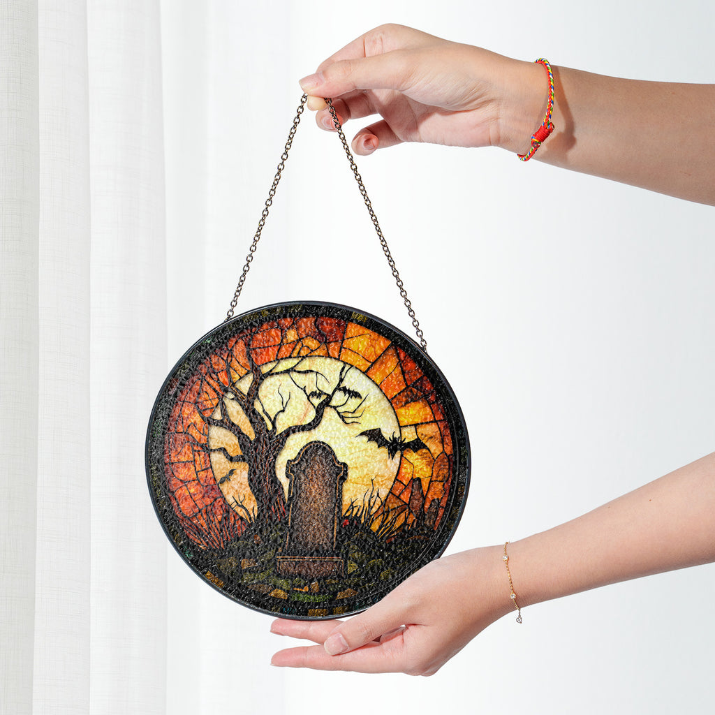 Halloween Stained Glass Suncatcher Collection | Decorative Window Hanging | Multiple Sizes | Holiday Decor Accents | Night at Cemetery