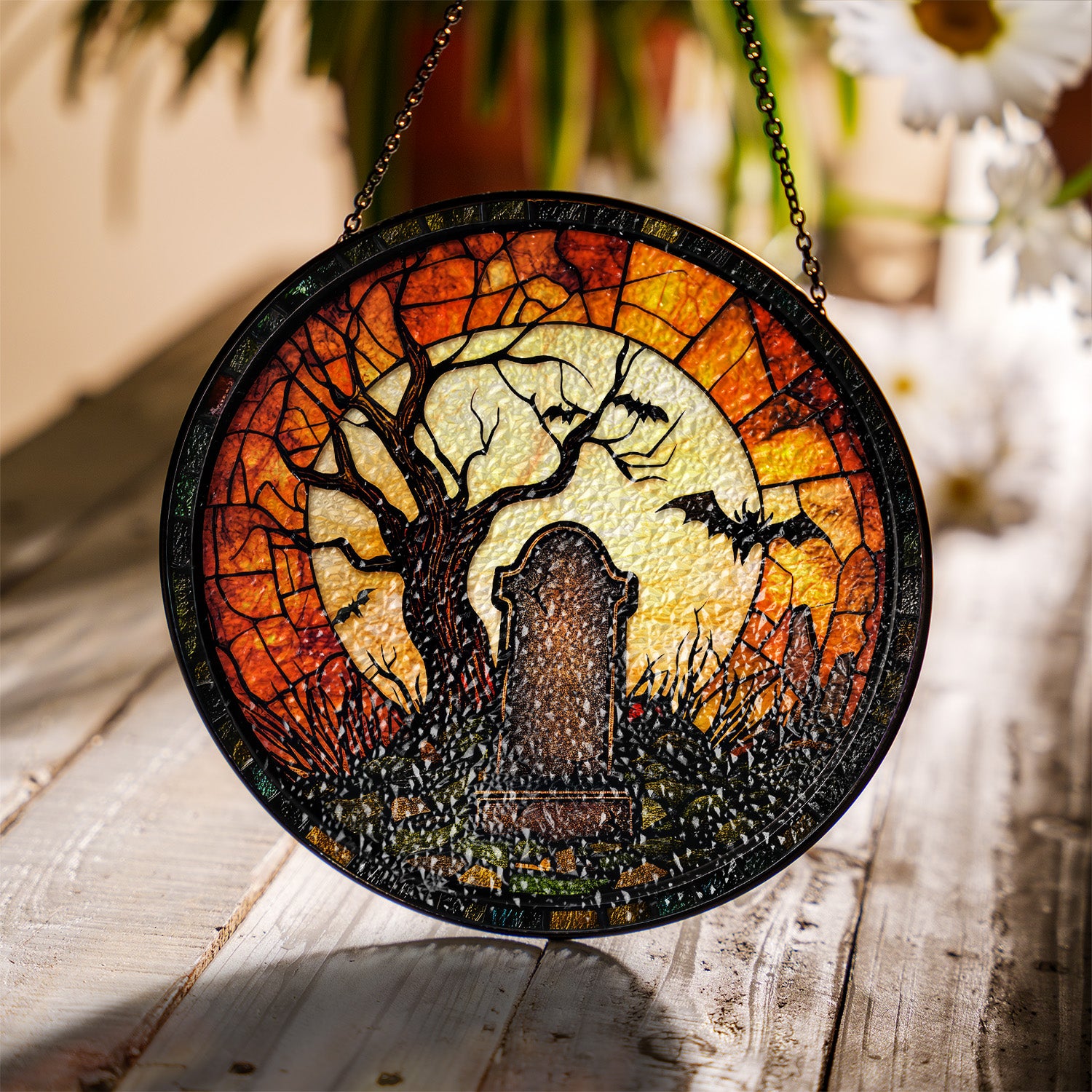 Halloween Stained Glass Suncatcher Collection | Decorative Window Hanging | Multiple Sizes | Holiday Decor Accents | Night at Cemetery