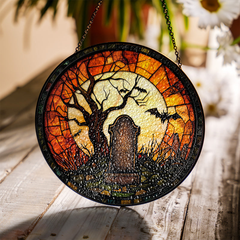 Halloween Stained Glass Suncatcher Collection | Decorative Window Hanging | 2 Sizes | Holiday Decor Accents | Night at Cemetery