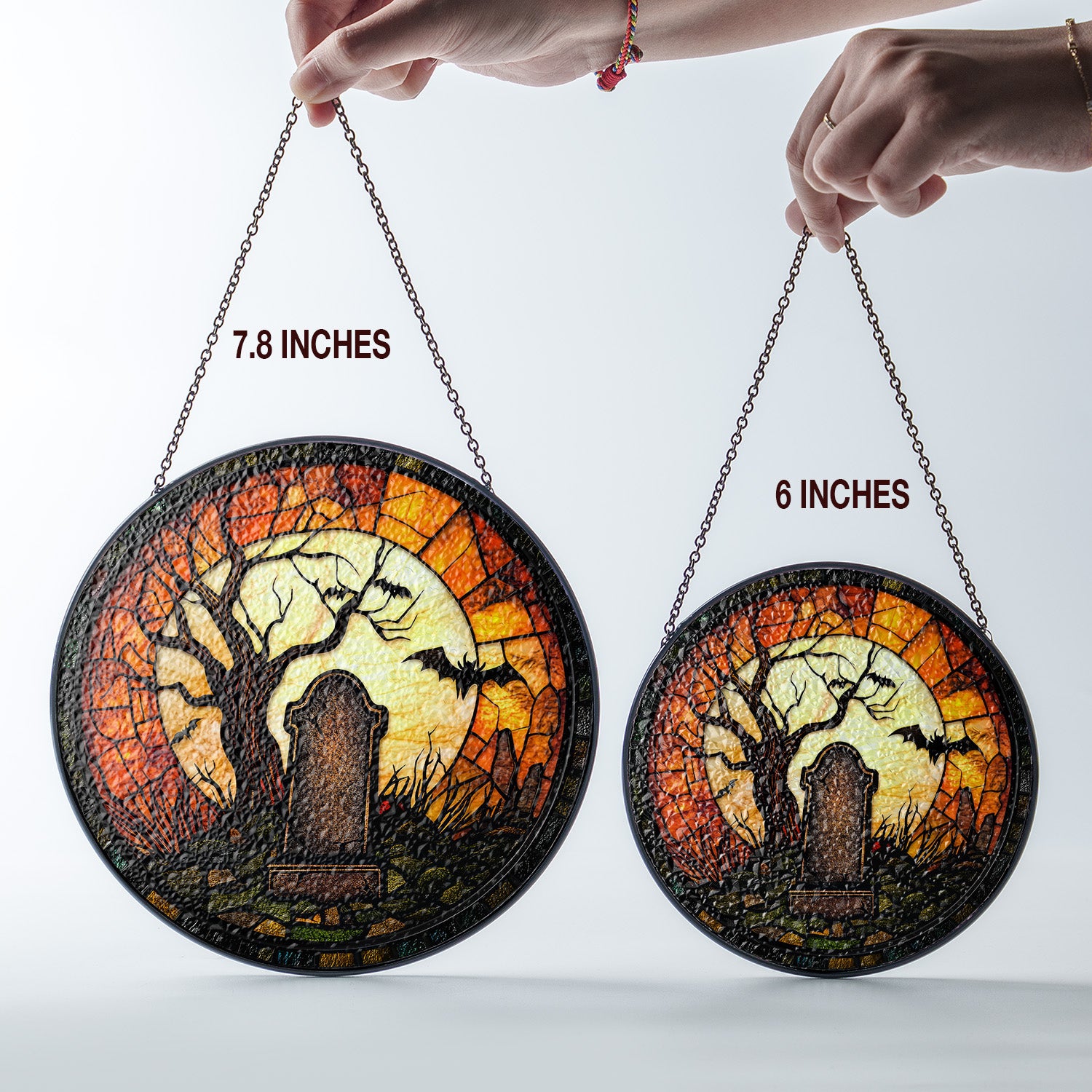 Halloween Stained Glass Suncatcher Collection | Decorative Window Hanging | Multiple Sizes | Holiday Decor Accents | Night at Cemetery
