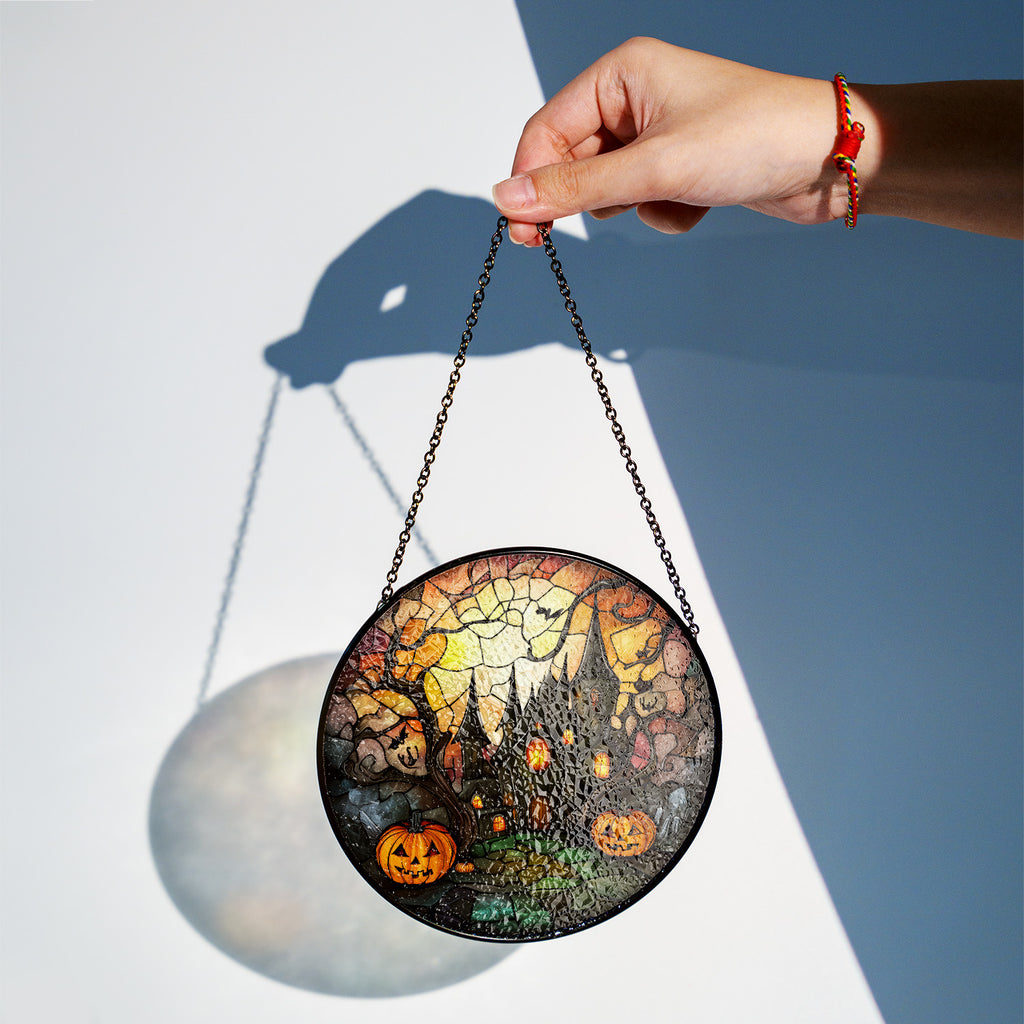 Halloween Stained Glass Suncatcher Collection | Decorative Window Hanging | Multiple Sizes | Holiday Decor Accents | Creepy Castle