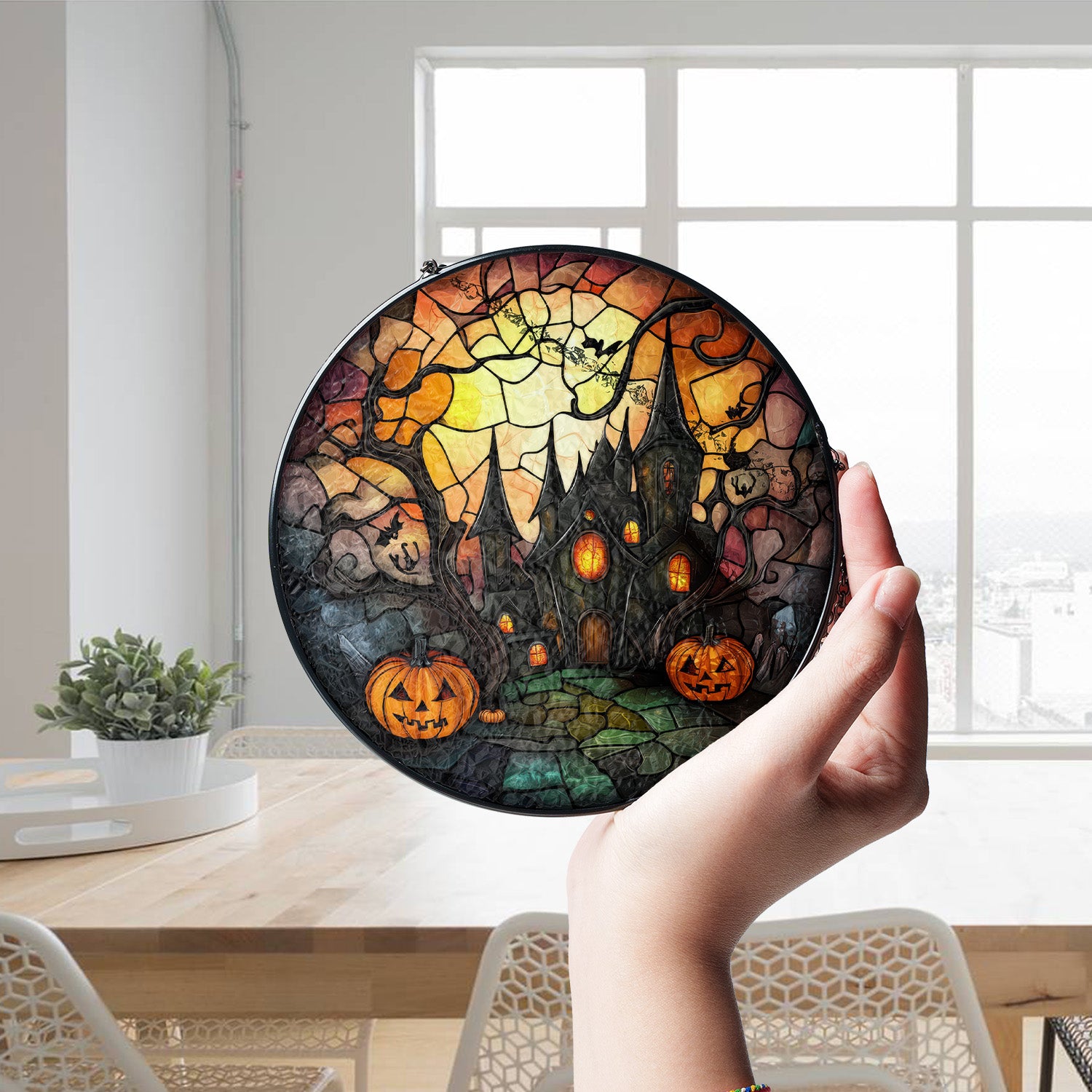 Halloween Stained Glass Suncatcher Collection | Decorative Window Hanging | Multiple Sizes | Holiday Decor Accents | Creepy Castle