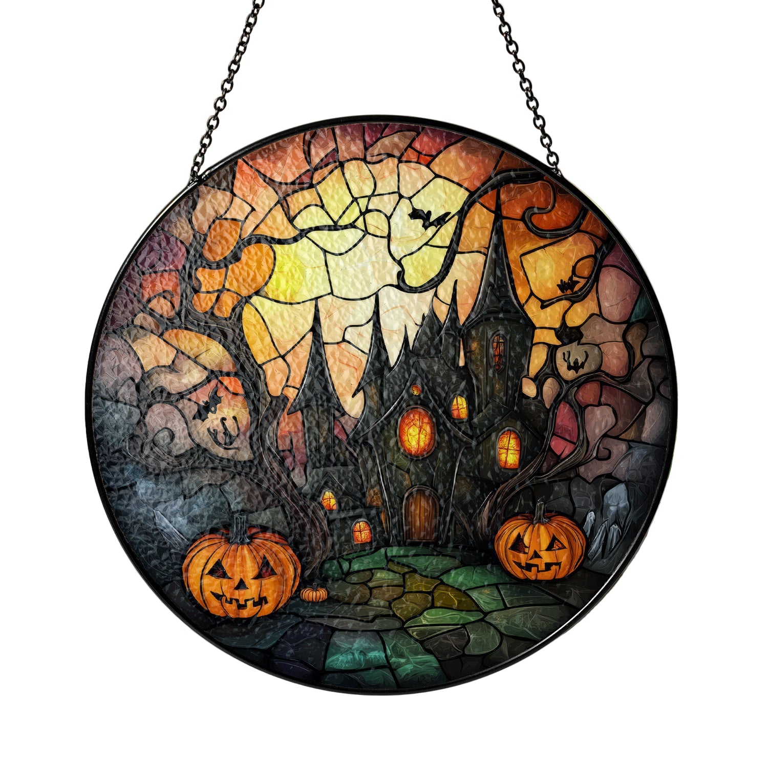 Halloween-themed stained glass panel with pumpkins and a haunted house.