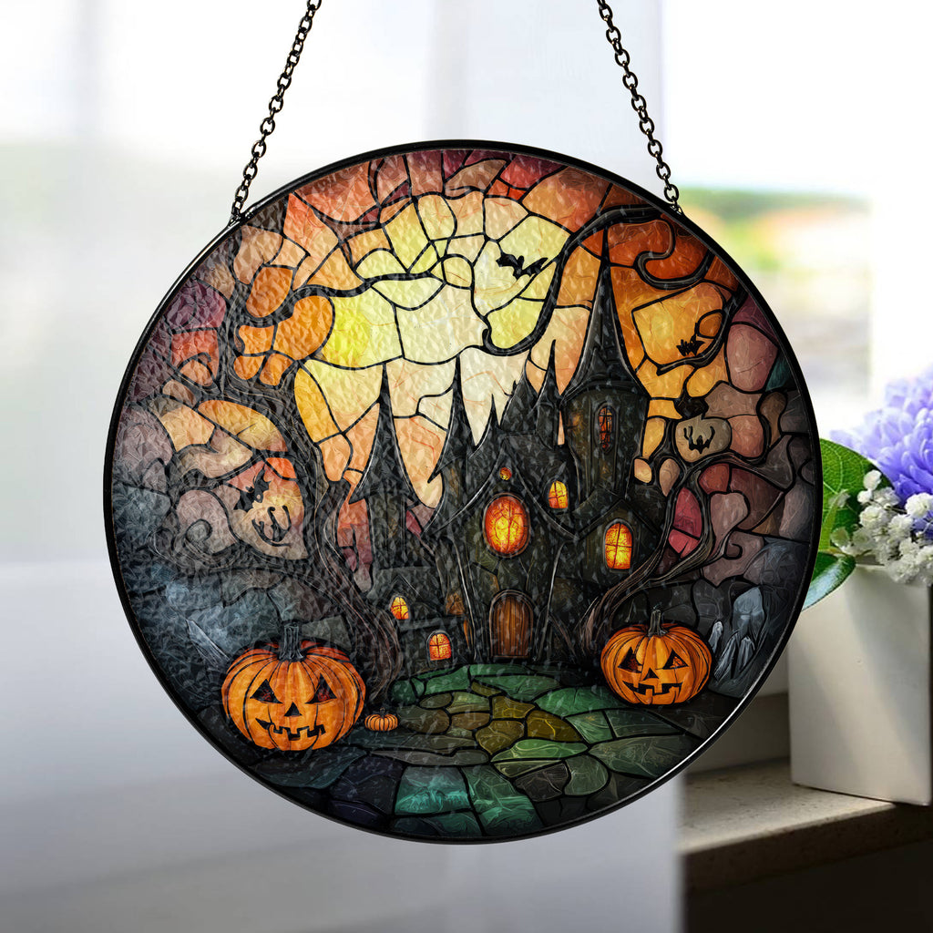 Halloween Stained Glass Suncatcher Collection | Decorative Window Hanging | Multiple Sizes | Holiday Decor Accents | Creepy Castle