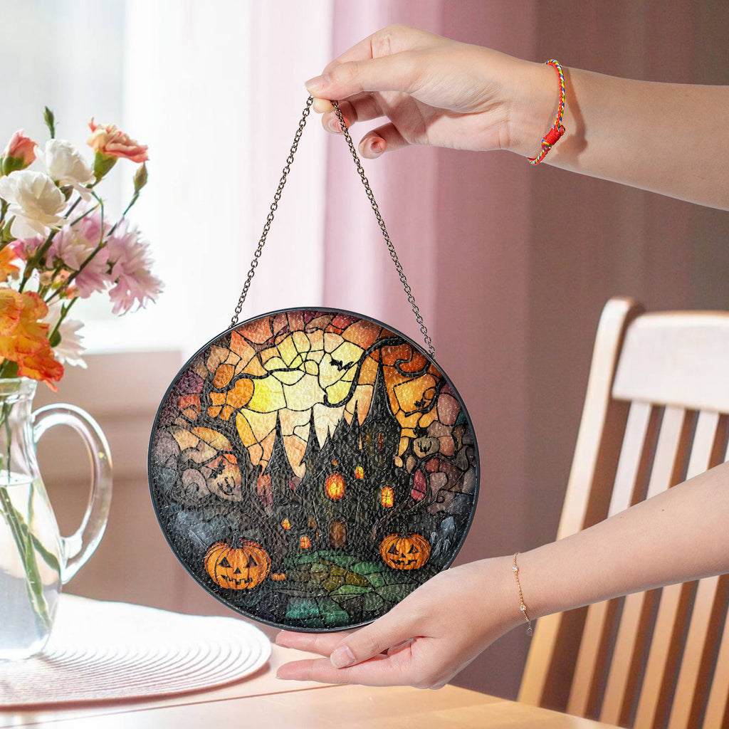 Halloween Stained Glass Suncatcher Collection | Decorative Window Hanging | Multiple Sizes | Holiday Decor Accents | Creepy Castle