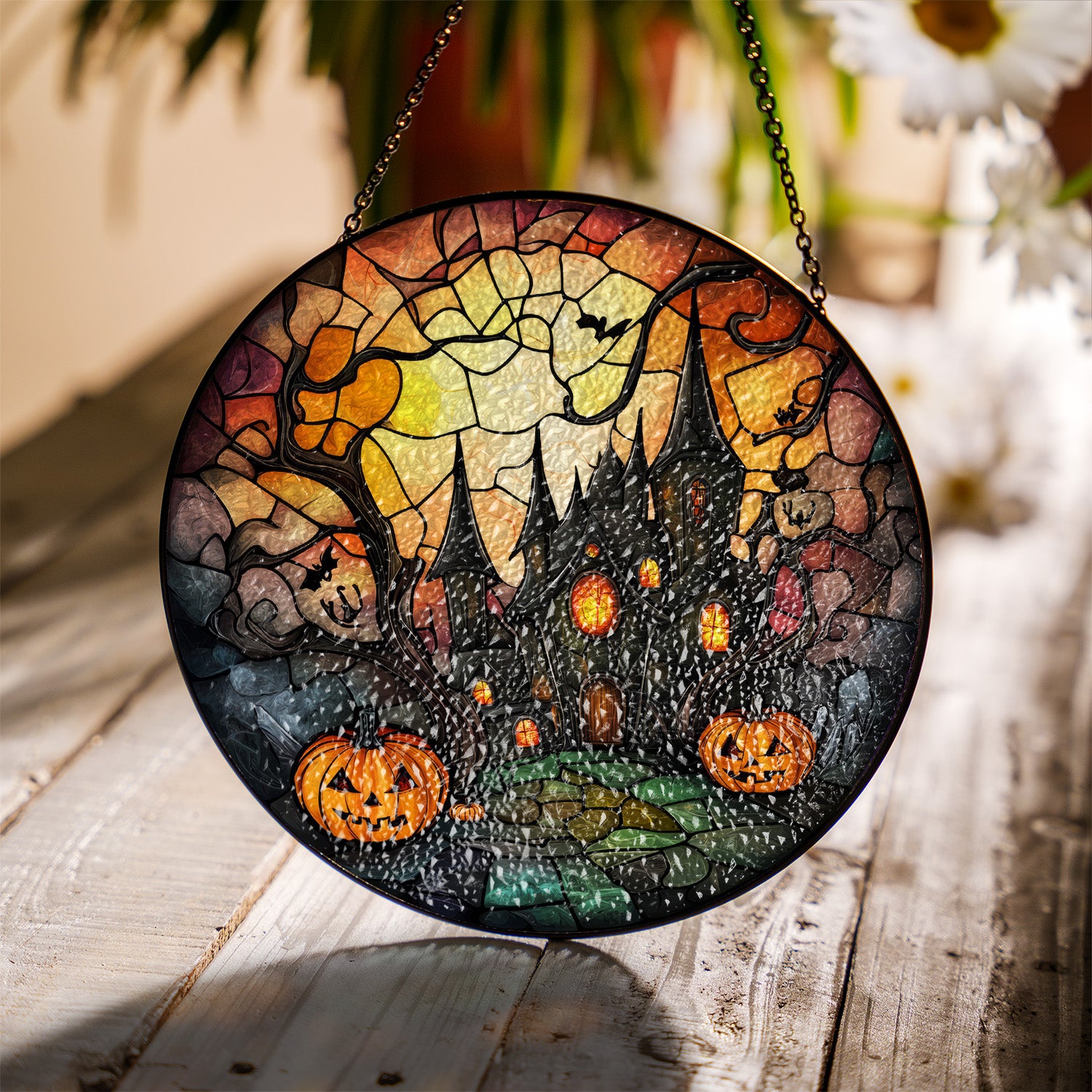 Halloween Stained Glass Suncatcher Collection | Decorative Window Hanging | Multiple Sizes | Holiday Decor Accents | Creepy Castle