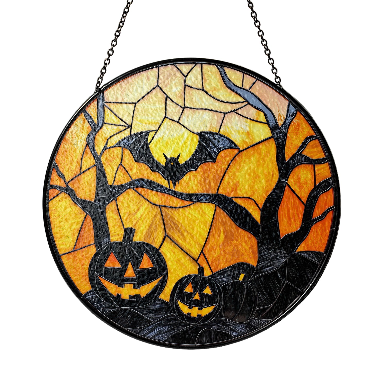 Halloween-themed stained glass panel with pumpkins, bats, and trees on a yellow background.