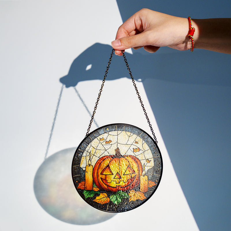 Halloween Stained Glass Suncatcher Collection | Decorative Window Hanging | 2 Sizes | Holiday Decor Accents | Cute Pumpkin