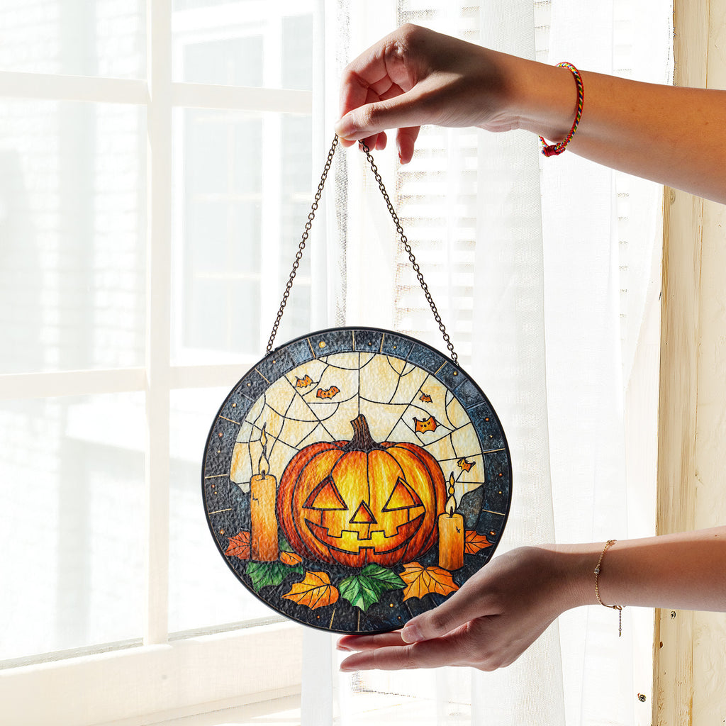 Halloween Stained Glass Suncatcher Collection | Decorative Window Hanging | Multiple Sizes | Holiday Decor Accents | Cute Pumpkin