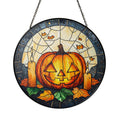Cute Pumpkin stained glass suncatcher with jack-o-lantern and autumn leaves