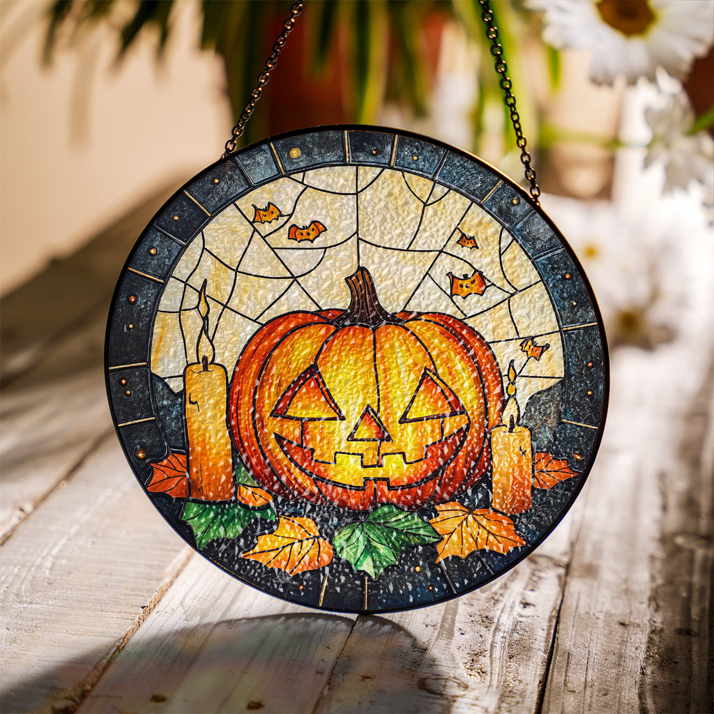 Halloween Stained Glass Suncatcher Collection | Decorative Window Hanging | Multiple Sizes | Holiday Decor Accents | Cute Pumpkin