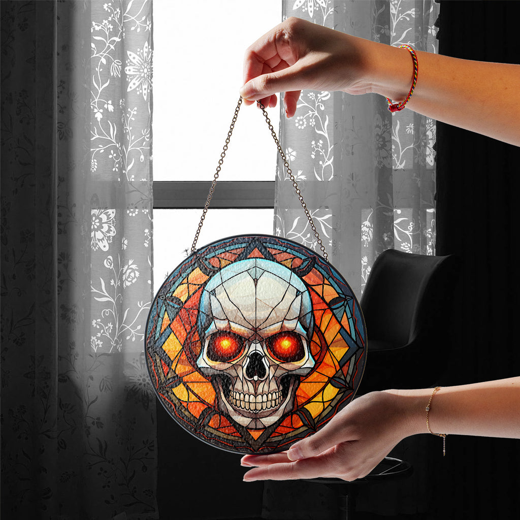 Halloween Stained Glass Suncatcher Collection | Decorative Window Hanging | Multiple Sizes | Holiday Decor Accents | Red Eye Skull