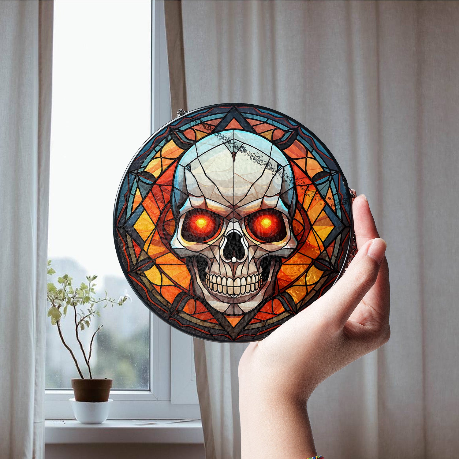 Halloween Stained Glass Suncatcher Collection | Decorative Window Hanging | Multiple Sizes | Holiday Decor Accents | Red Eye Skull