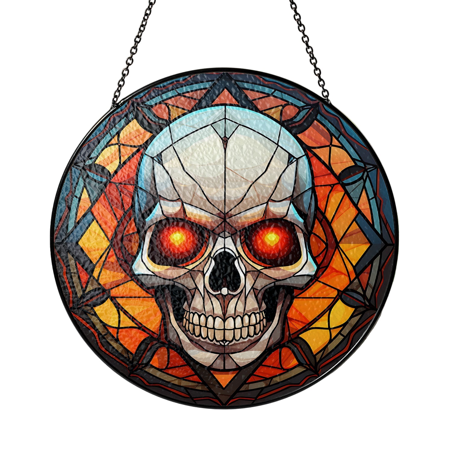 Stained glass skull artwork with orange and blue hues on a blurred background