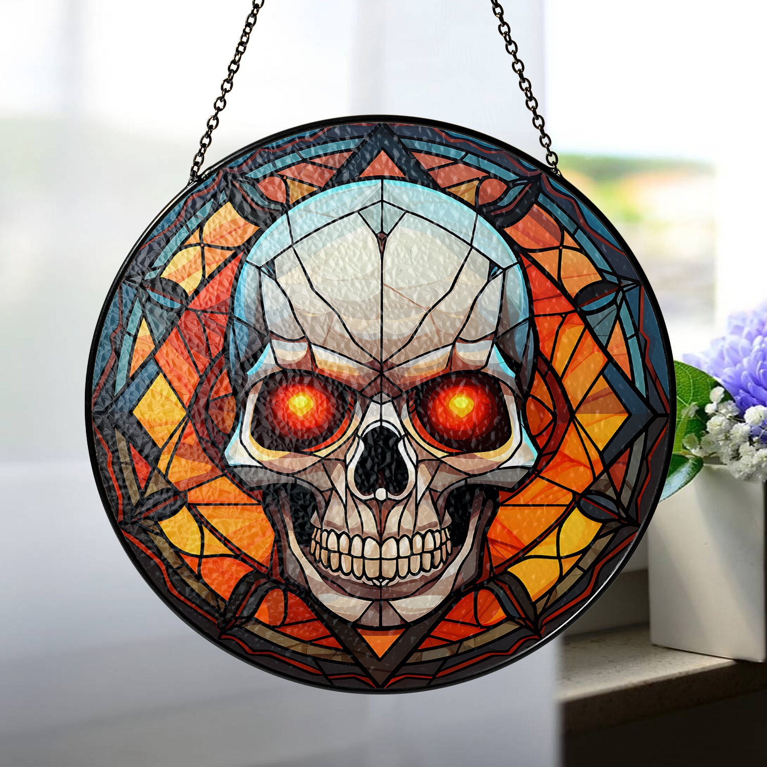 Halloween Stained Glass Suncatcher Collection | Decorative Window Hanging | Multiple Sizes | Holiday Decor Accents | Red Eye Skull