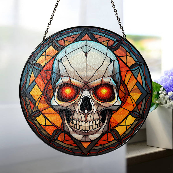 Halloween Stained Glass Suncatcher Collection | Decorative Window Hanging | 2 Sizes | Holiday Decor Accents | Red Eye Skull