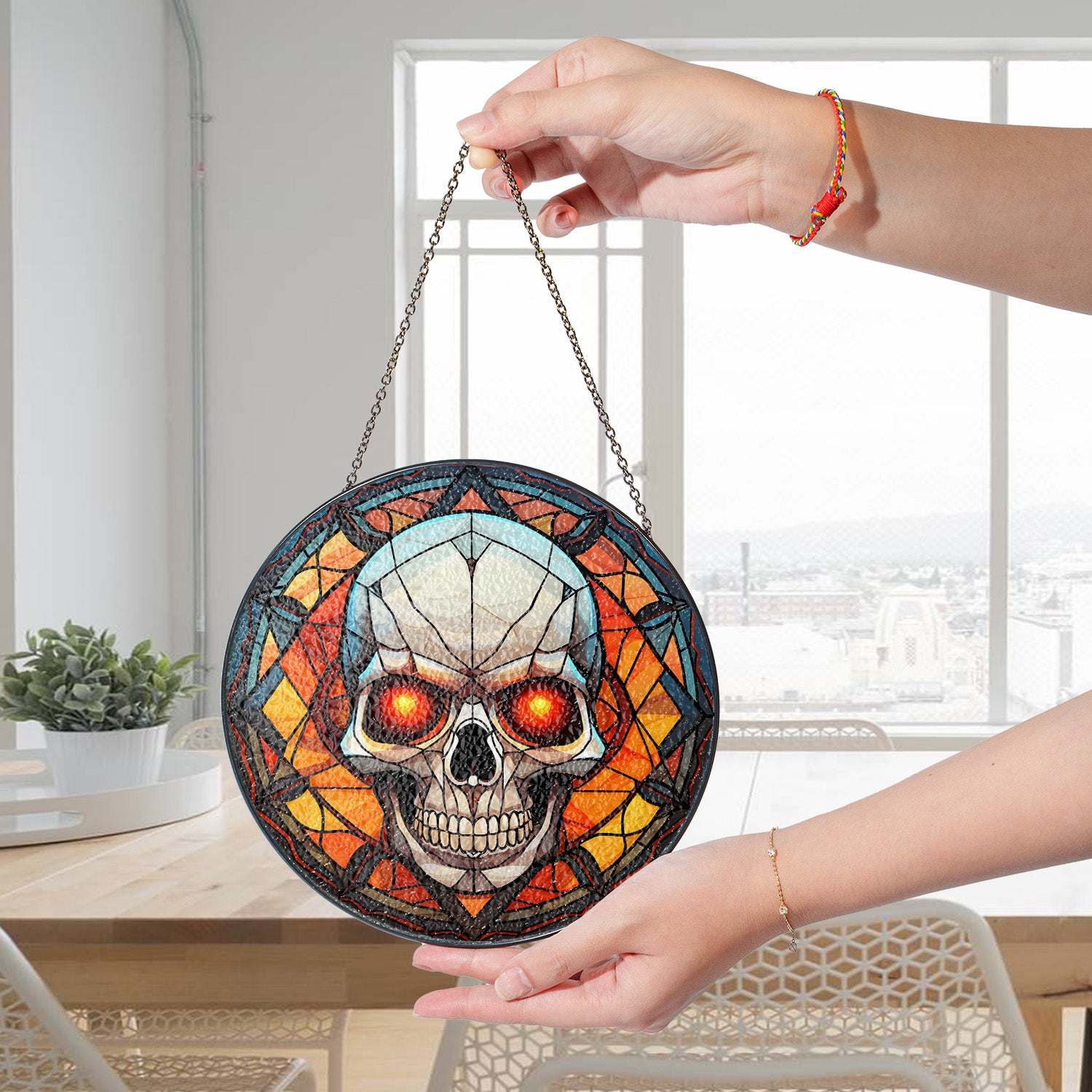 Halloween Stained Glass Suncatcher Collection | Decorative Window Hanging | Multiple Sizes | Holiday Decor Accents | Red Eye Skull