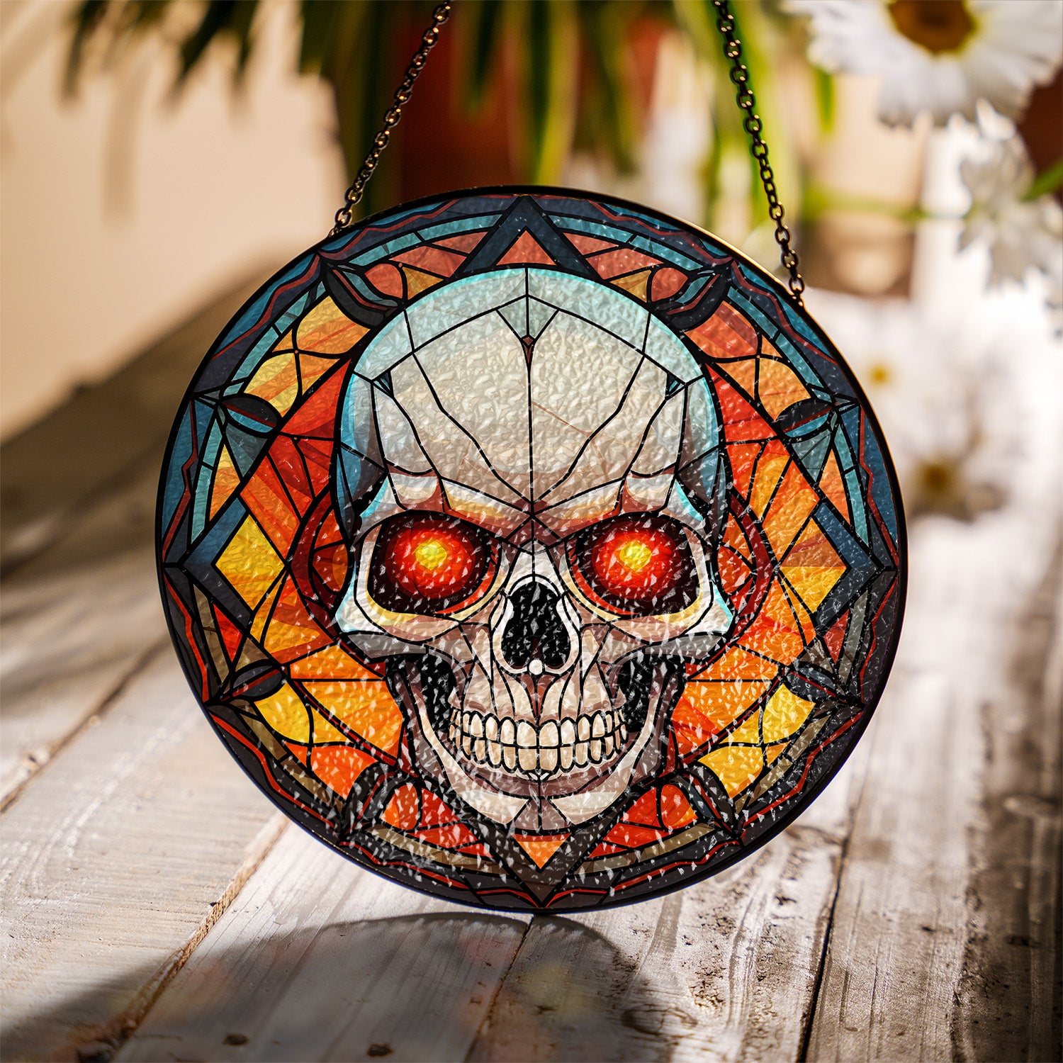 Halloween Stained Glass Suncatcher Collection | Decorative Window Hanging | Multiple Sizes | Holiday Decor Accents | Red Eye Skull