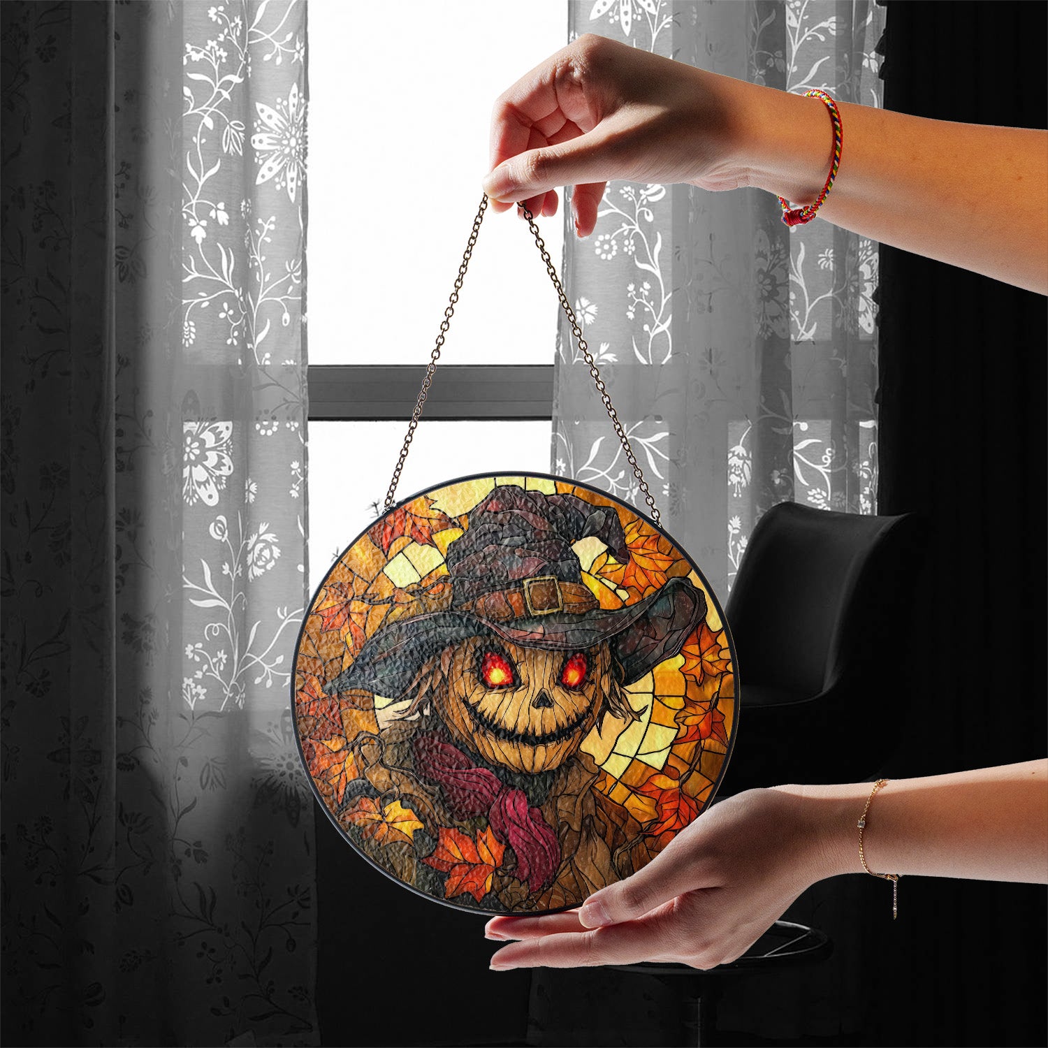 Halloween Stained Glass Suncatcher Collection | Decorative Window Hanging | Multiple Sizes | Holiday Decor Accents | Scarecrow