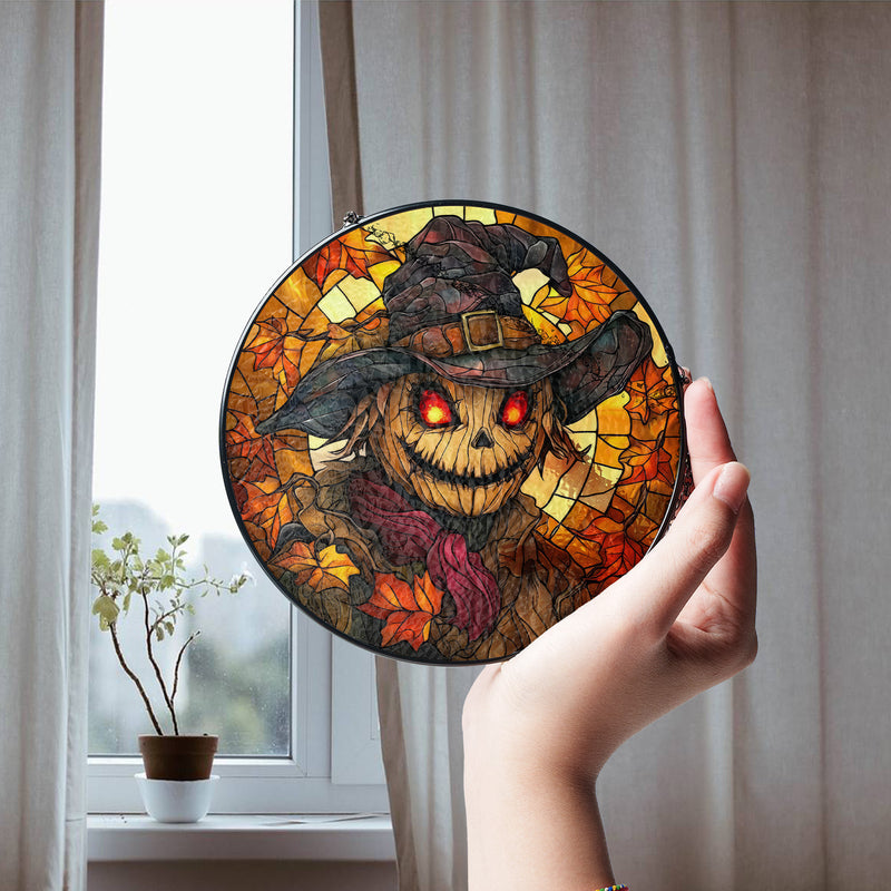 Halloween Stained Glass Suncatcher Collection | Decorative Window Hanging | 2 Sizes | Holiday Decor Accents | Scarecrow