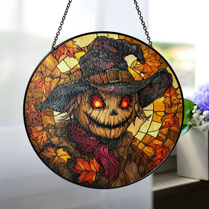 Halloween Stained Glass Suncatcher Collection | Decorative Window Hanging | 2 Sizes | Holiday Decor Accents | Scarecrow