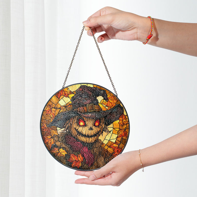 Halloween Stained Glass Suncatcher Collection | Decorative Window Hanging | 2 Sizes | Holiday Decor Accents | Scarecrow