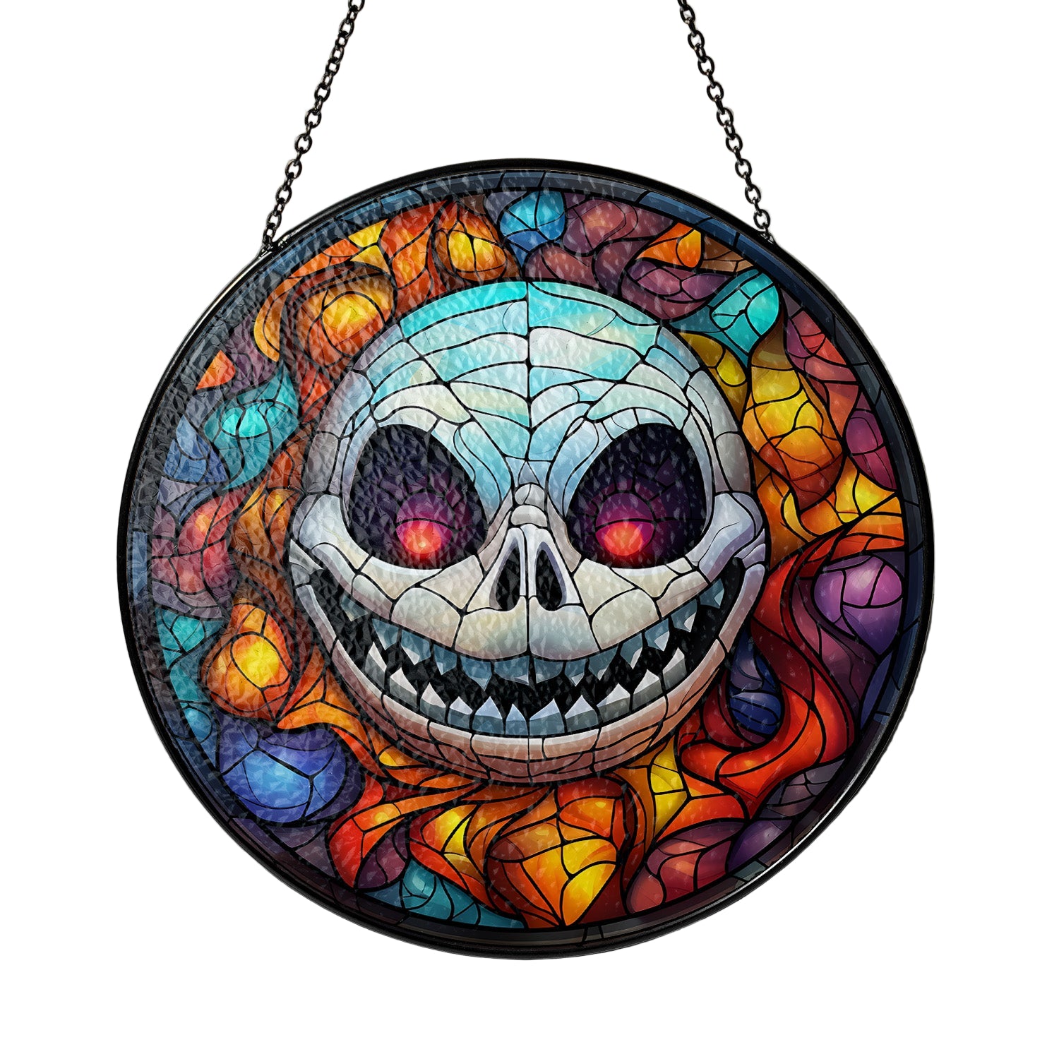Colorful stained glass skull design with a dark background