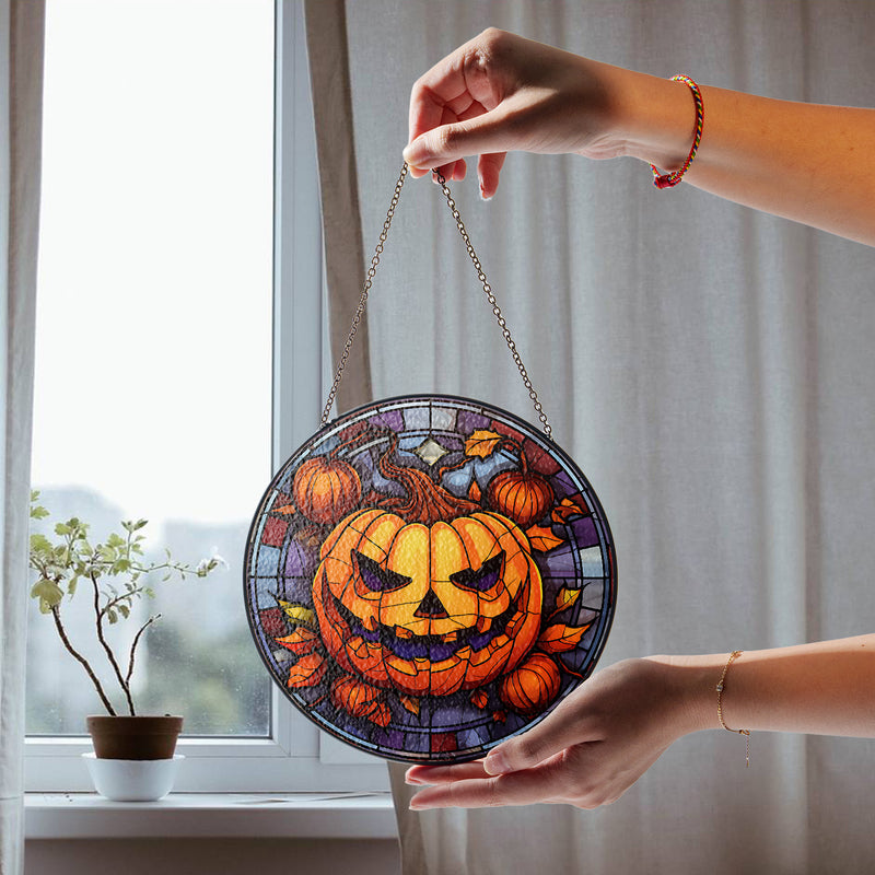 Halloween Stained Glass Suncatcher Collection | Decorative Window Hanging | 2 Sizes | Holiday Decor Accents | Spooky Pumpkin