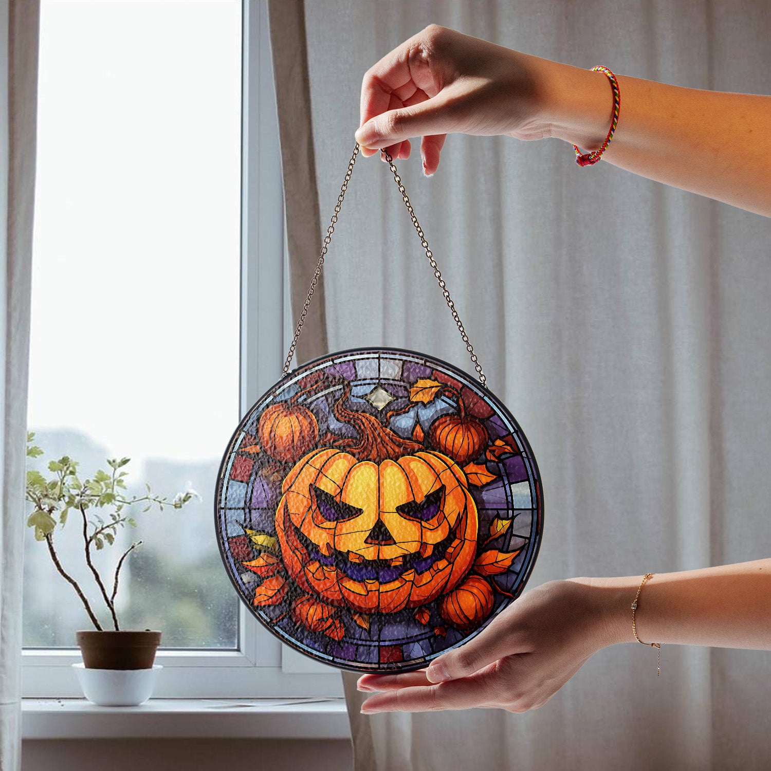 Halloween Stained Glass Suncatcher Collection | Decorative Window Hanging | Multiple Sizes | Holiday Decor Accents | Spooky Pumpkin
