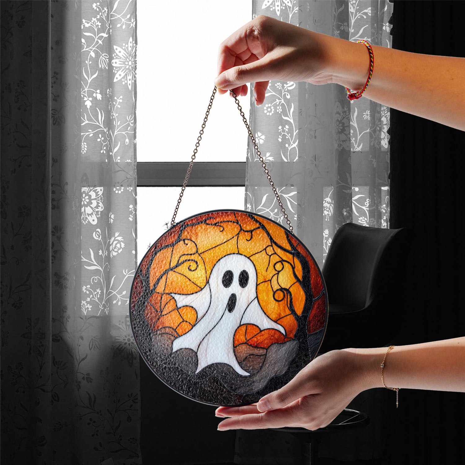 Halloween Stained Glass Suncatcher Collection | Decorative Window Hanging | Multiple Sizes | Holiday Decor Accents | White Ghost