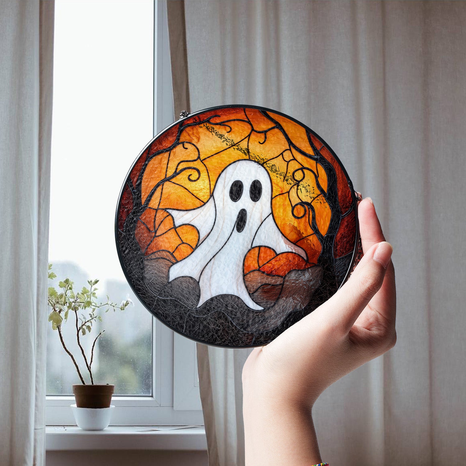 Halloween Stained Glass Suncatcher Collection | Decorative Window Hanging | Multiple Sizes | Holiday Decor Accents | White Ghost