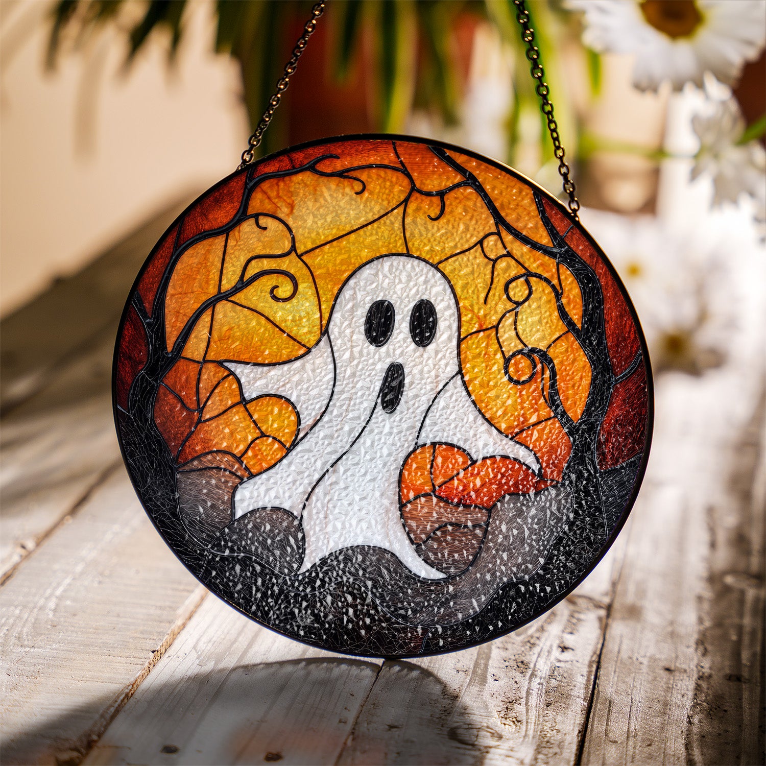 Halloween Stained Glass Suncatcher Collection | Decorative Window Hanging | Multiple Sizes | Holiday Decor Accents | White Ghost
