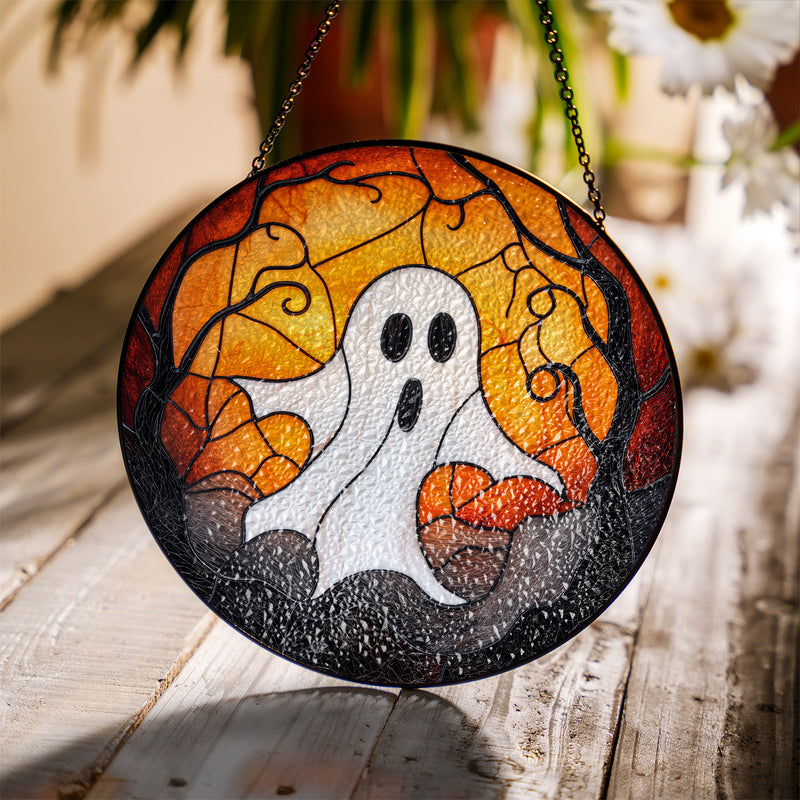 Halloween Stained Glass Suncatcher Collection | Decorative Window Hanging | 2 Sizes | Holiday Decor Accents | White Ghost