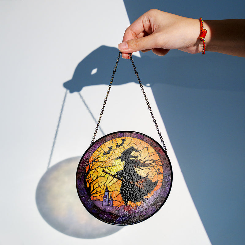 Halloween Stained Glass Suncatcher Collection | Decorative Window Hanging | Multiple Sizes | Holiday Decor Accents | Broomstick Witch