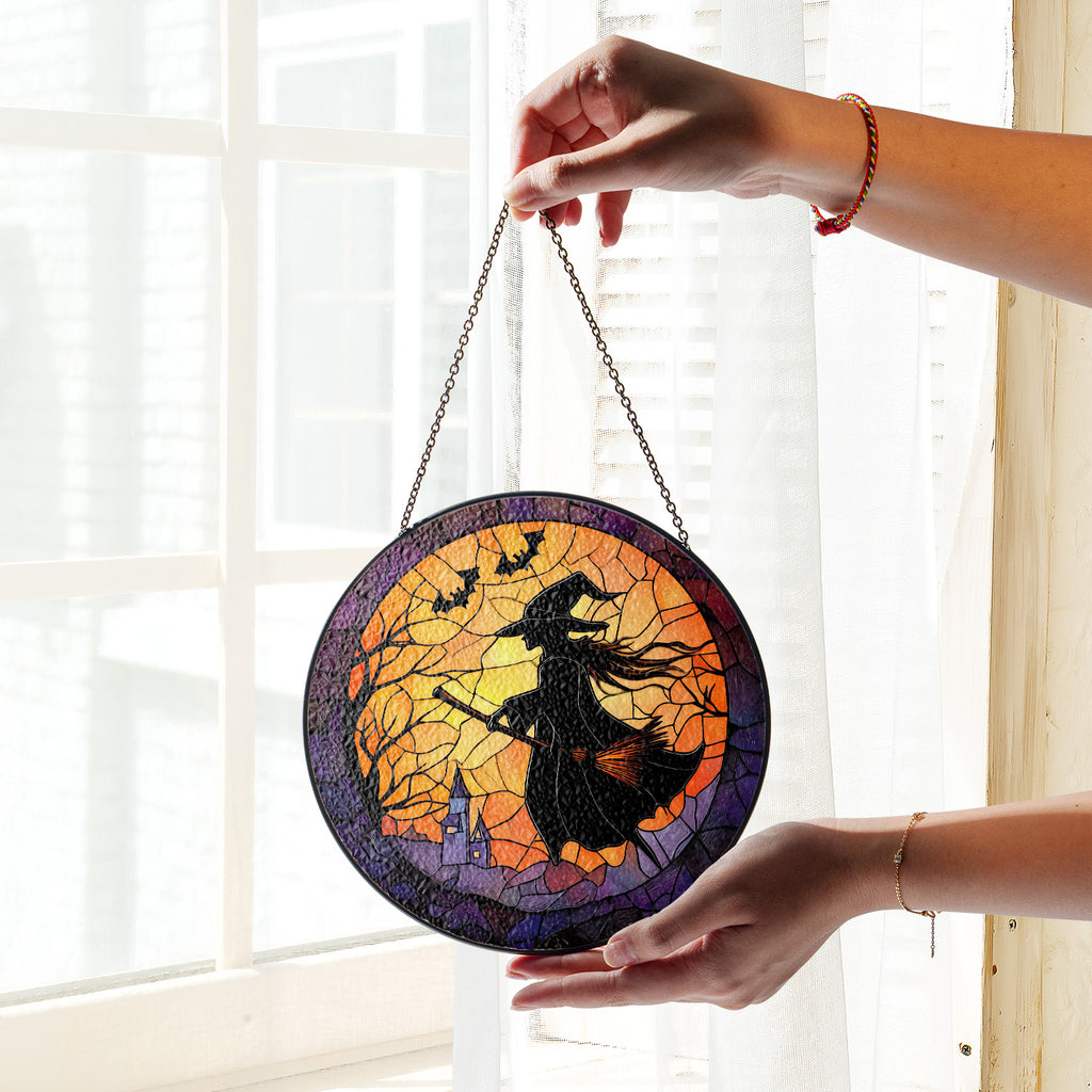 Halloween Stained Glass Suncatcher Collection | Decorative Window Hanging | Multiple Sizes | Holiday Decor Accents | Broomstick Witch