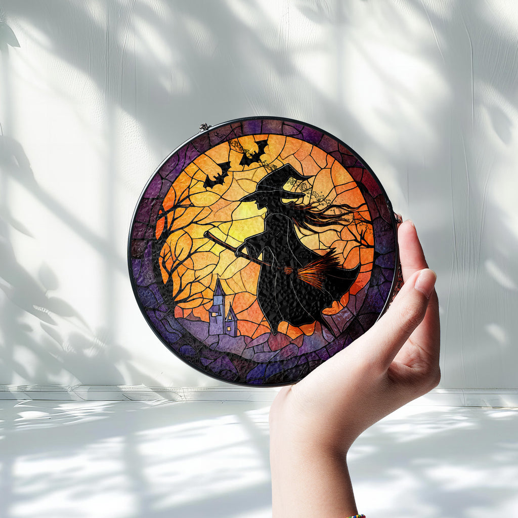 Halloween Stained Glass Suncatcher Collection | Decorative Window Hanging | Multiple Sizes | Holiday Decor Accents | Broomstick Witch