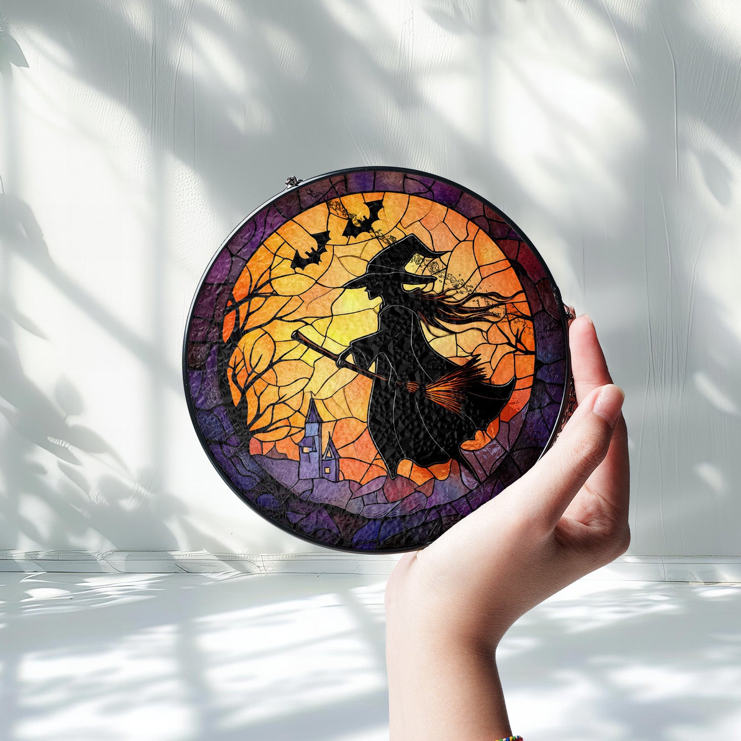 Halloween Stained Glass Suncatcher Collection | Decorative Window Hanging | Multiple Sizes | Holiday Decor Accents | Broomstick Witch