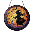 Broomstick Witch stained glass suncatcher with flying witch and bats
