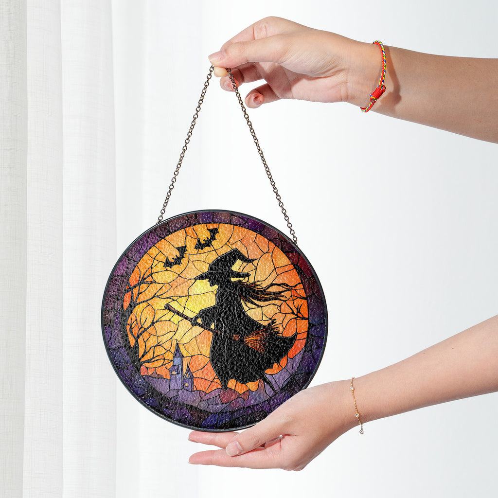 Halloween Stained Glass Suncatcher Collection | Decorative Window Hanging | Multiple Sizes | Holiday Decor Accents | Broomstick Witch