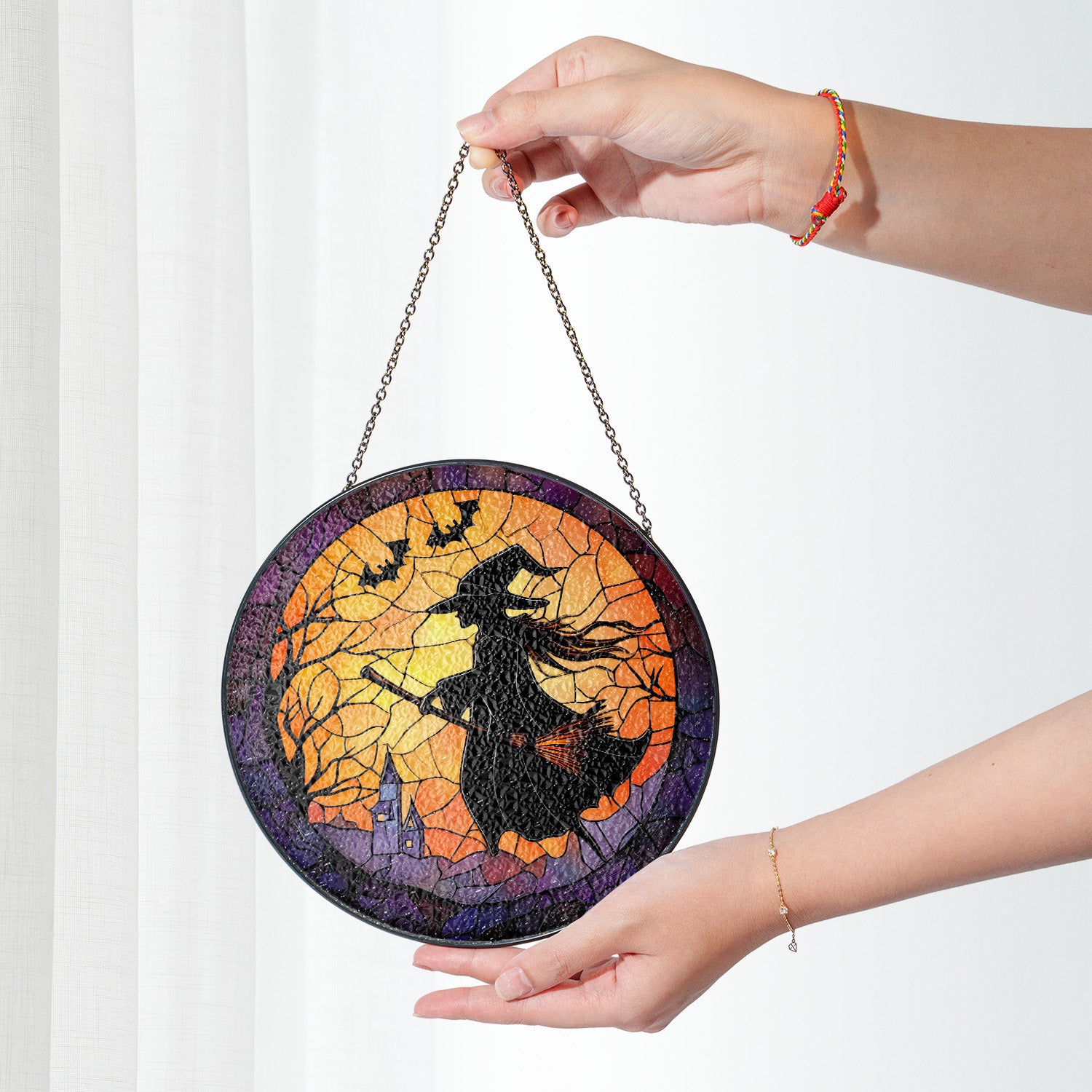 Halloween Stained Glass Suncatcher Collection | Decorative Window Hanging | Multiple Sizes | Holiday Decor Accents | Broomstick Witch