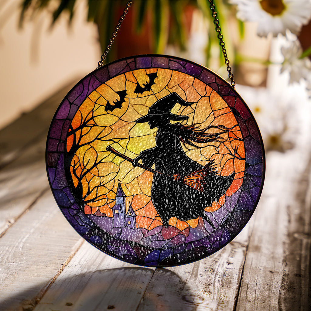 Halloween Stained Glass Suncatcher Collection | Decorative Window Hanging | Multiple Sizes | Holiday Decor Accents | Broomstick Witch